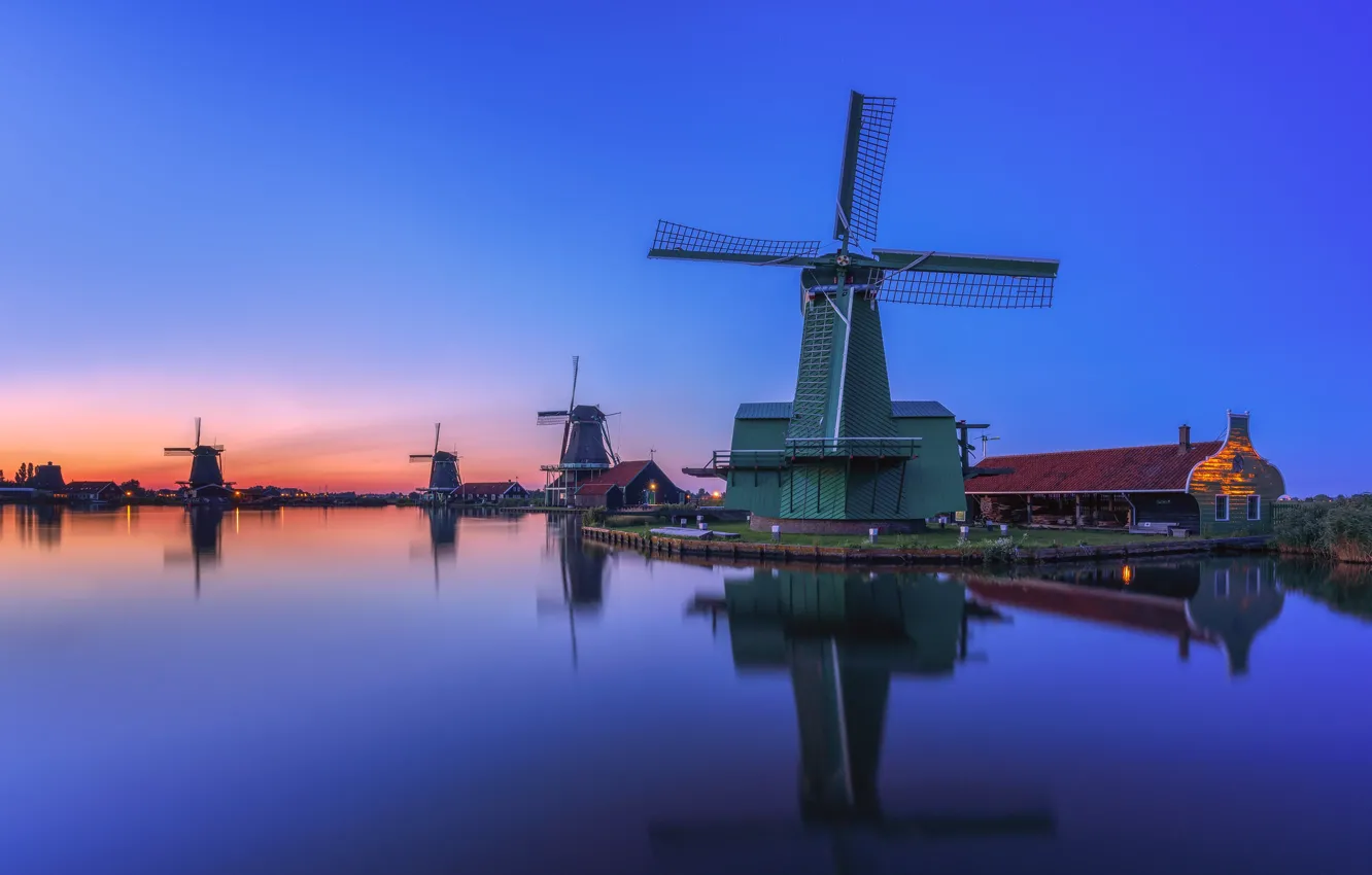 Фото обои вода, мельницы, Нидерланды
