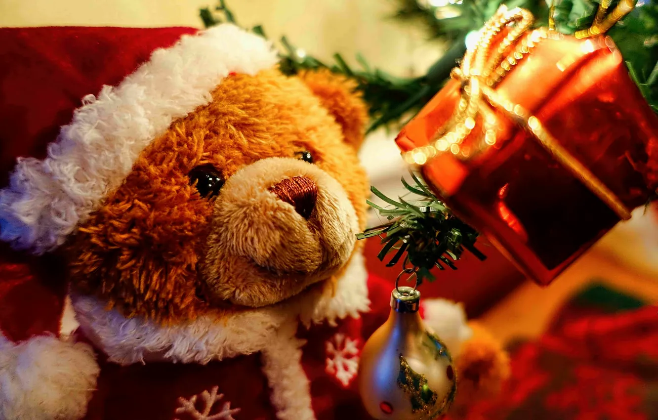 Фото обои праздник, игрушки, елка, новый год, рождество, мишка