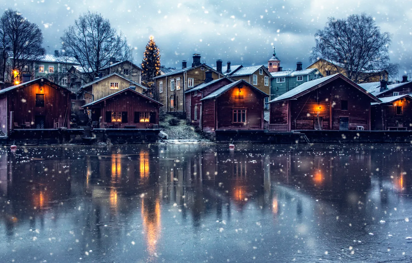 Фото обои снег, дома, ёлка, Finland, Winter magic, Porvoo
