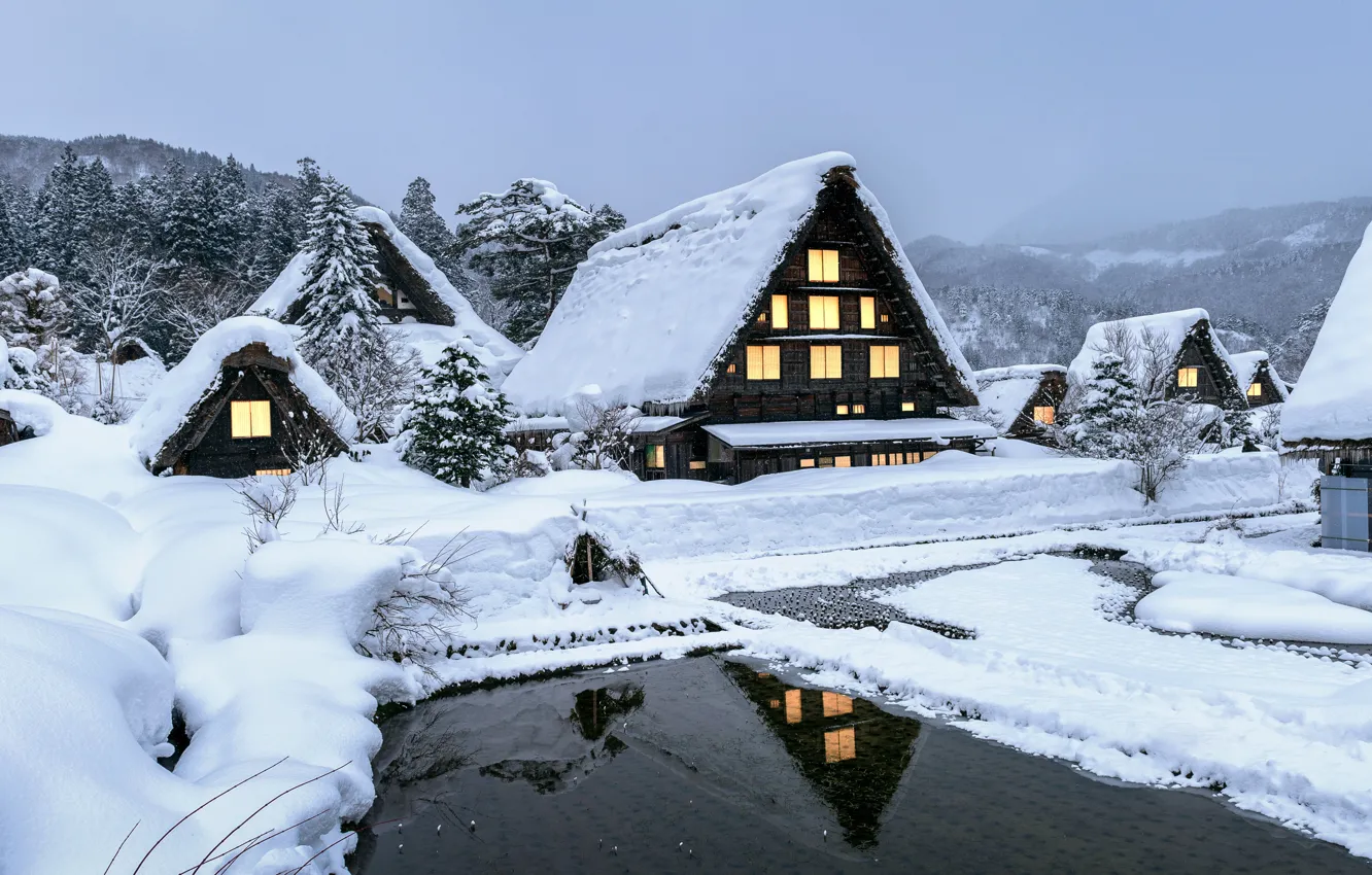 Фото обои зима, лес, снег, деревья, озеро, house, хижина, forest