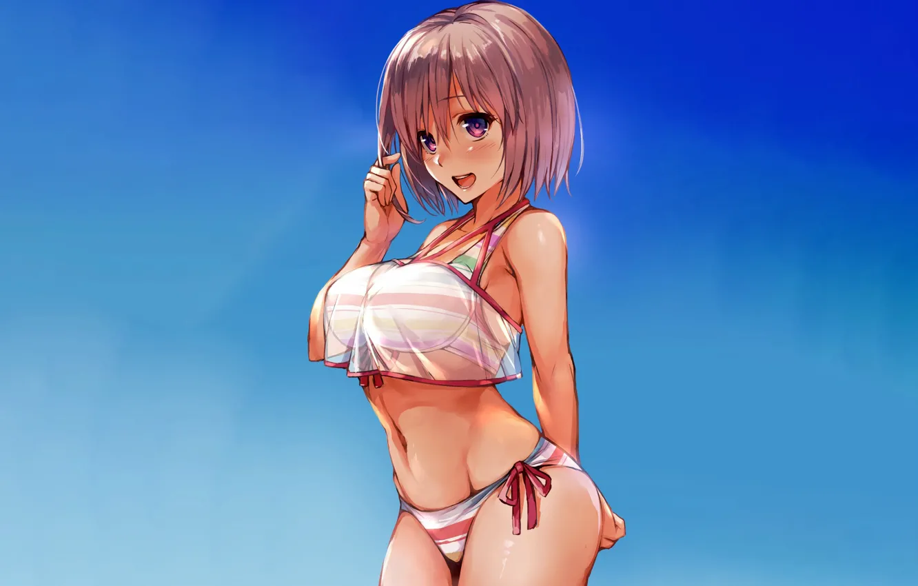 Фото обои girl, sexy, blouse, boobs, anime, beautiful, short hair, purple eyes