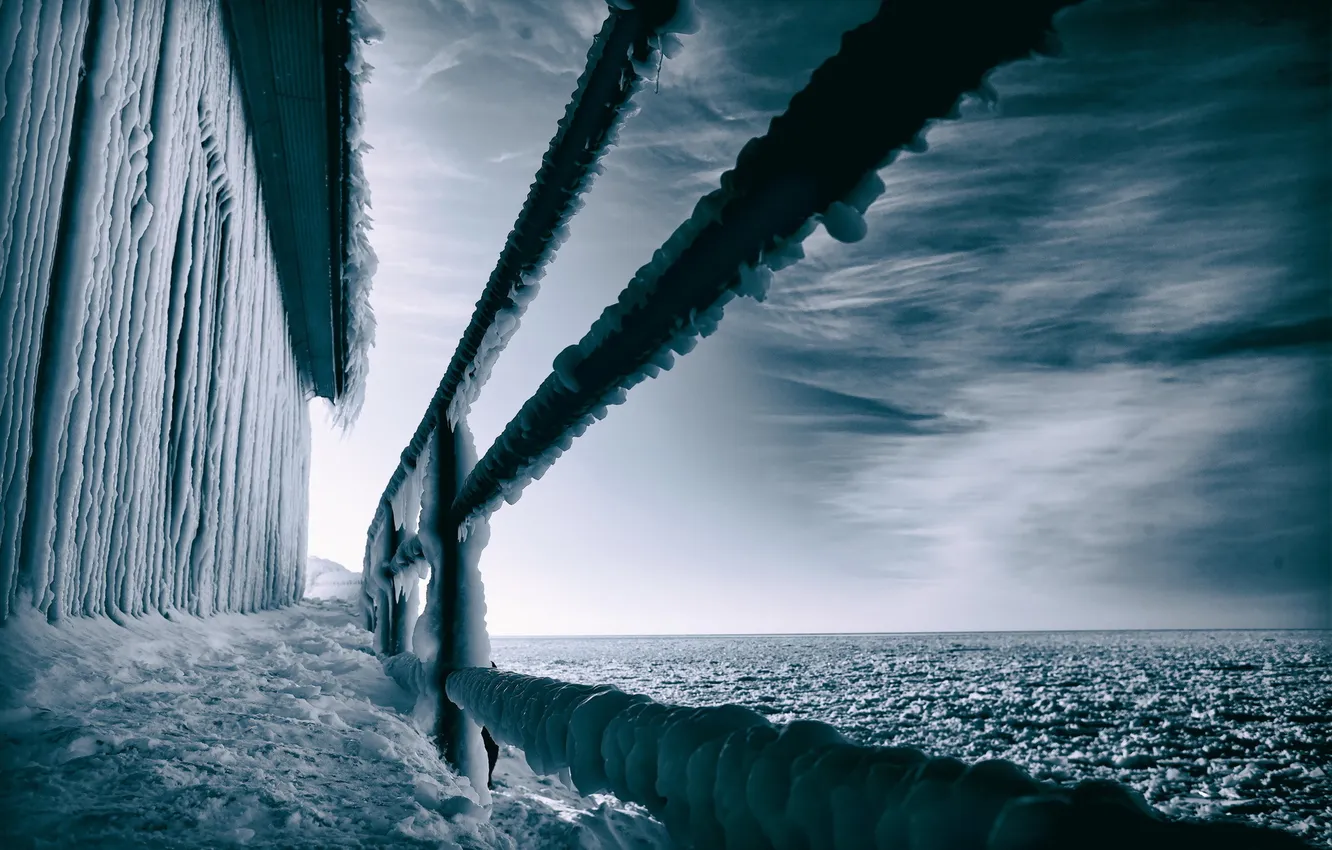 Фото обои море, мост, лёд