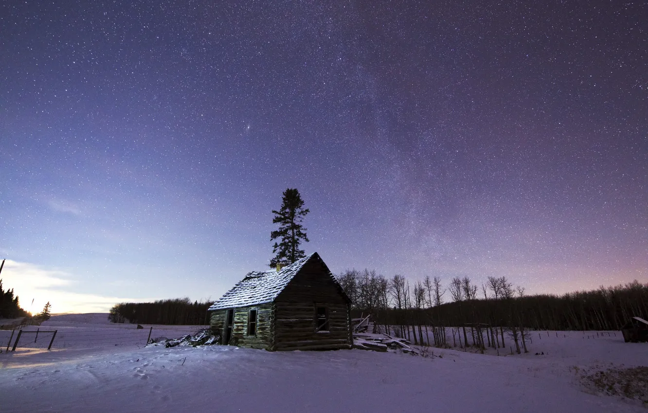 Фото обои зима, небо, звезды, домик