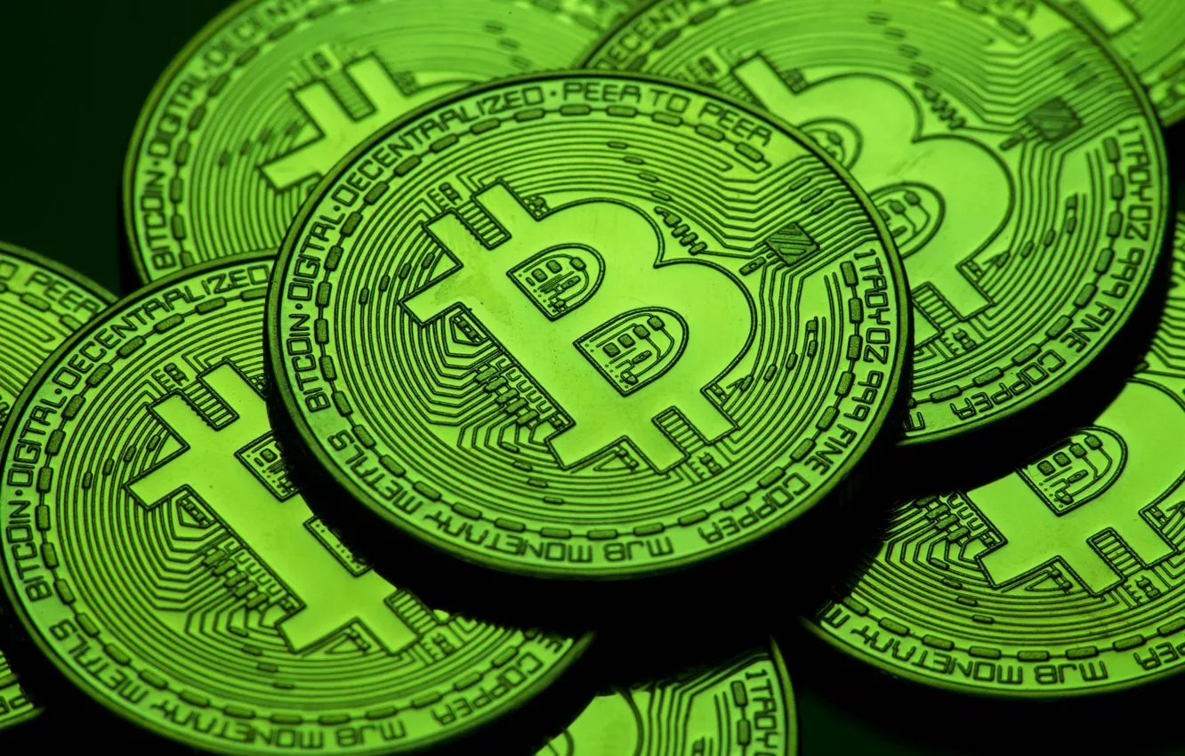 Фото обои green, зелёный, монеты, bitcoin, биткоин, btc