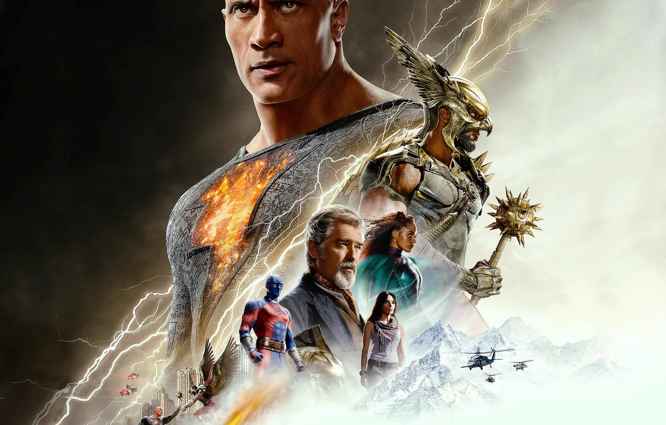 Фото обои постер, комикс, Дуэйн Джонсон, Dwayne Johnson, DC Comics, Sarah Shahi, Pierce Brosnan, Пирс Броснан
