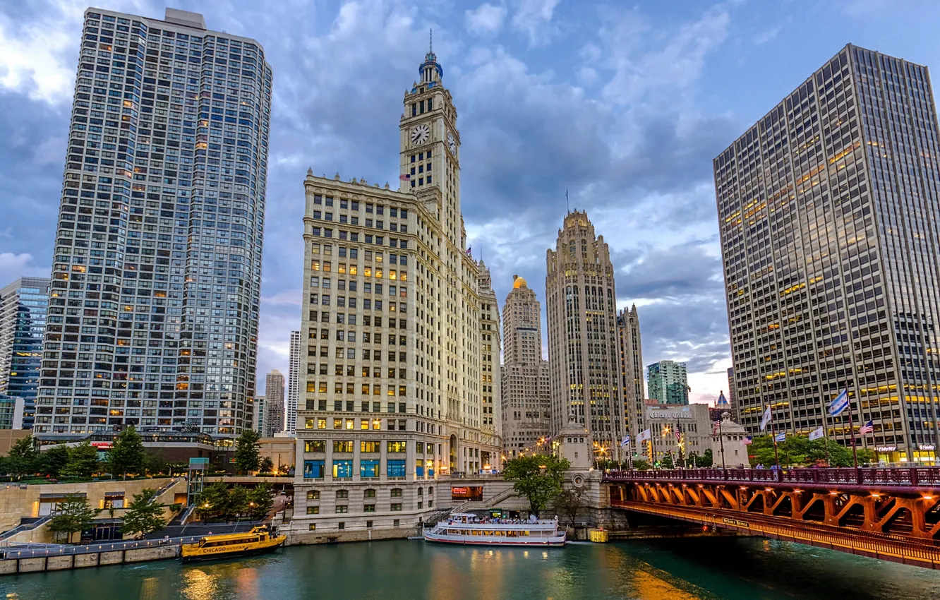 Фото обои мост, река, здания, корабли, Чикаго, Chicago, Illinois, набережная