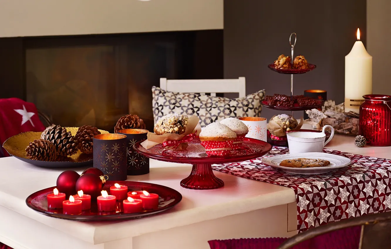 Фото обои украшения, стол, праздник, рождество, свечи, торт, Happy New Year, Christmas