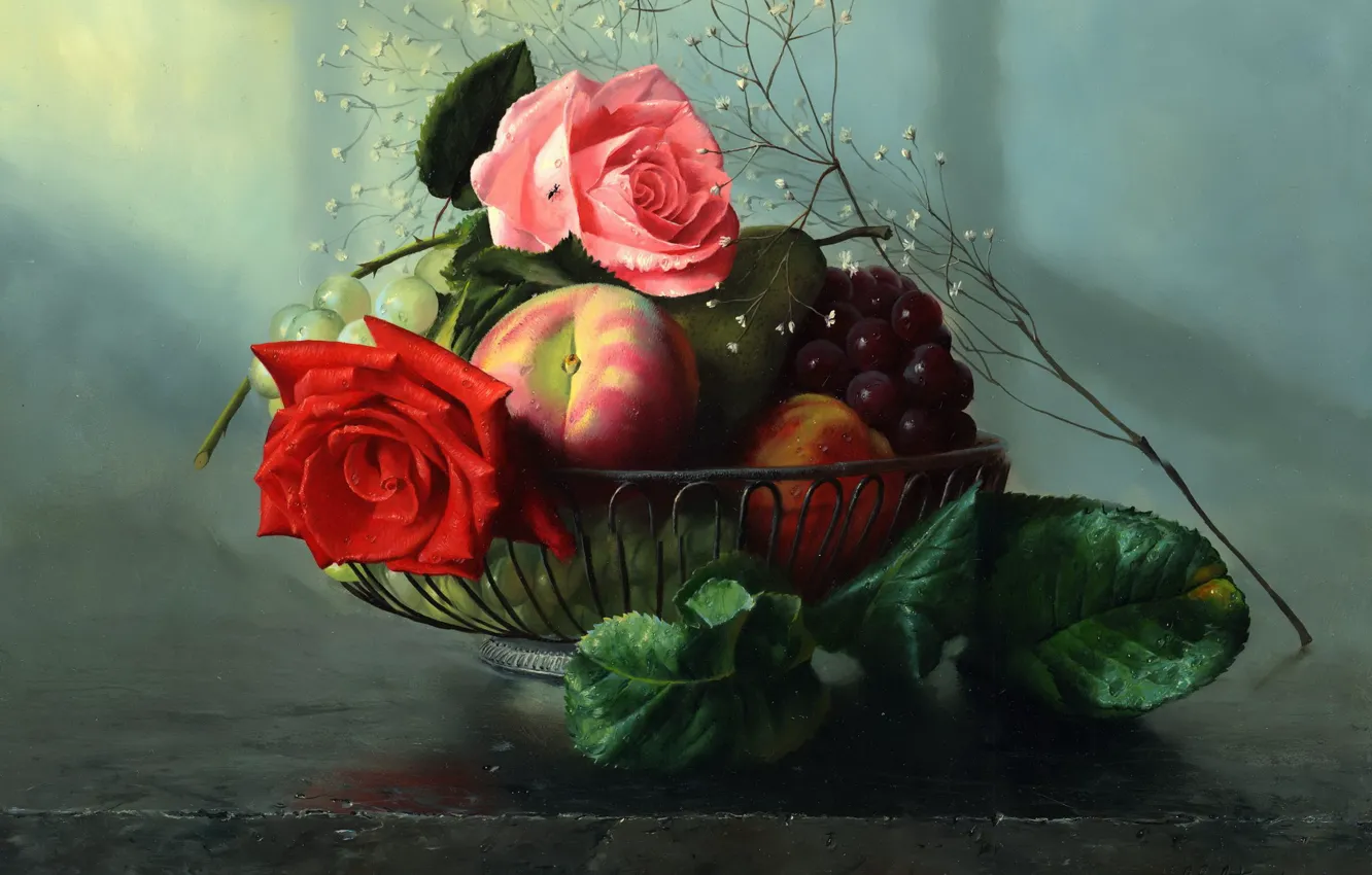 Фото обои розы, картина, фрукты, алексей антонов