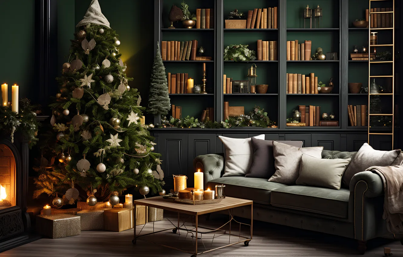 Фото обои комната, елка, интерьер, Рождество, Новый год, Christmas, tree, interior