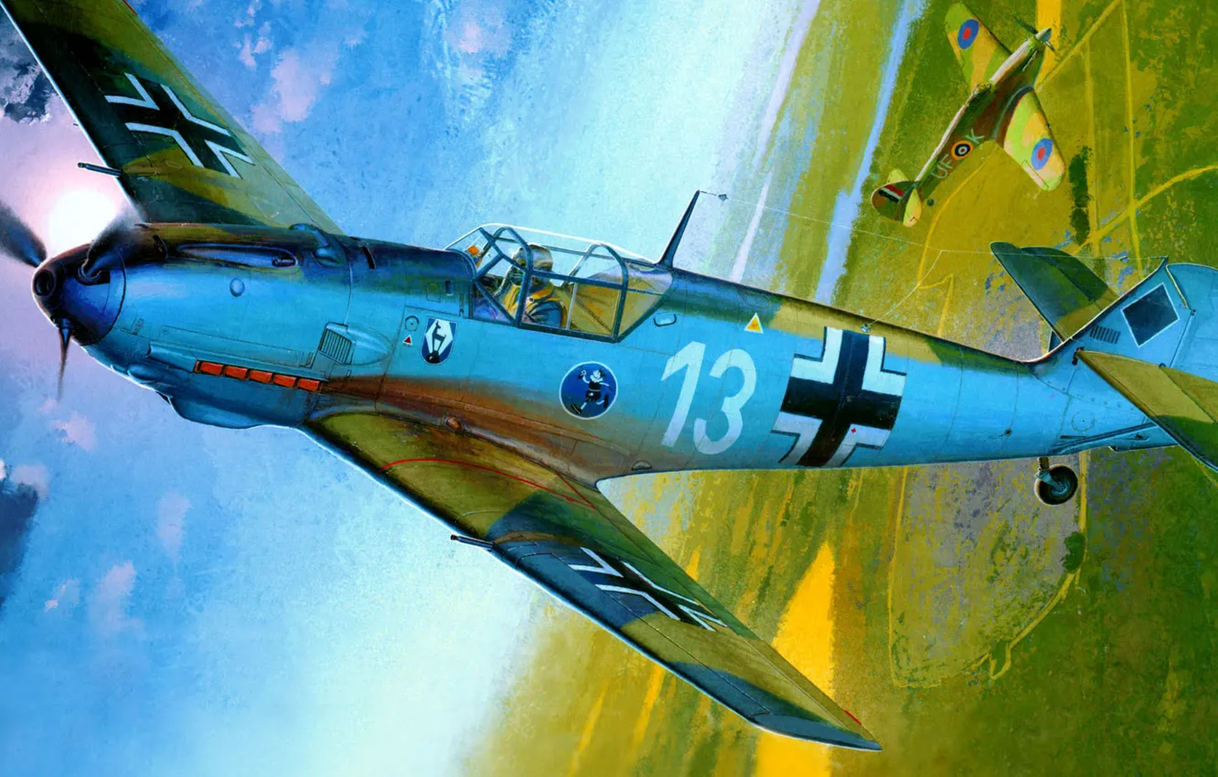 Фото обои рисунок, арт, Messerschmitt, Hurricane, люфтваффе, Emil, Hawker, британский одноместный истребитель