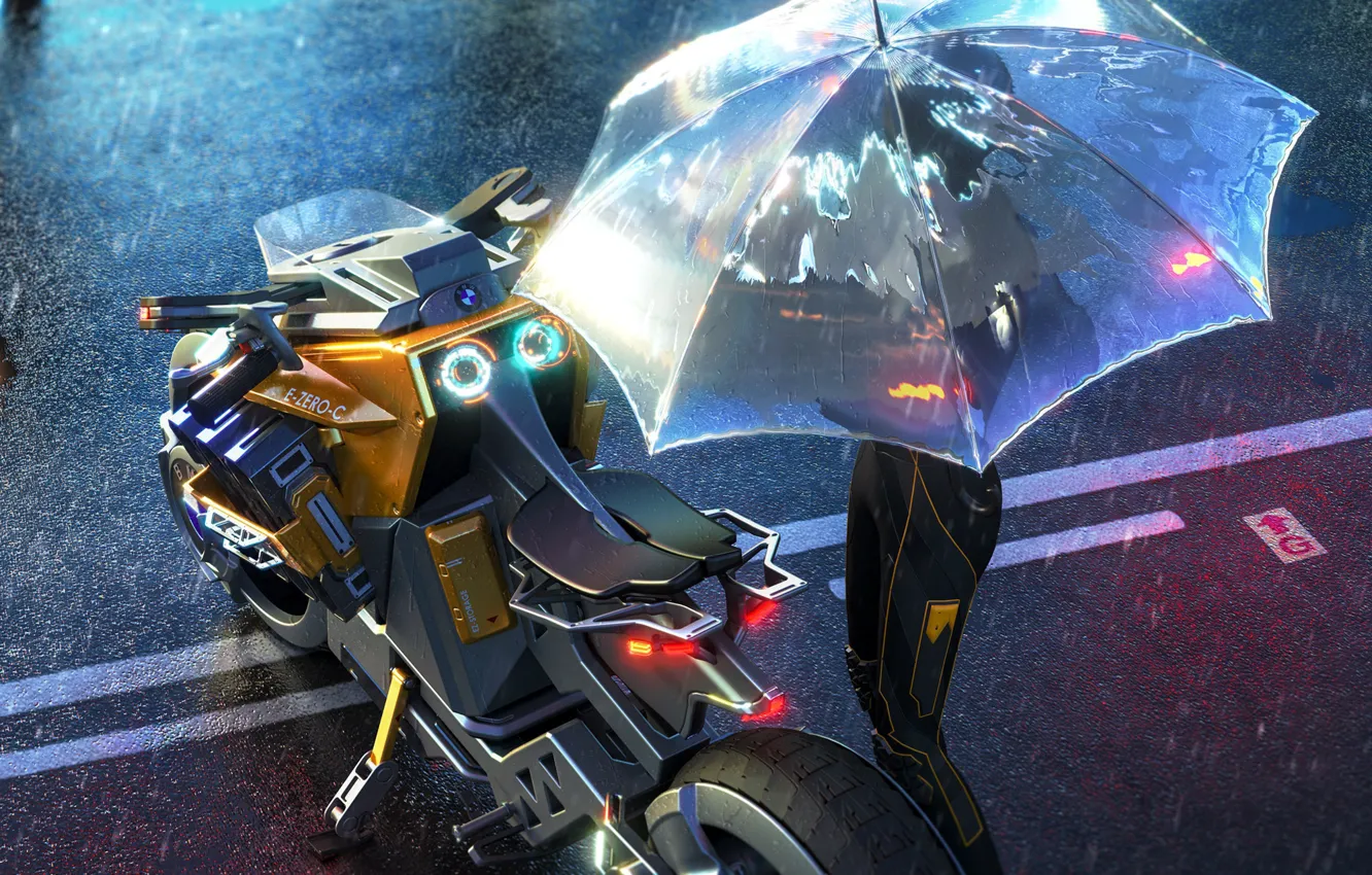 Фото обои дождь, транспорт, зонт, арт, мотоцикл, sci-fi