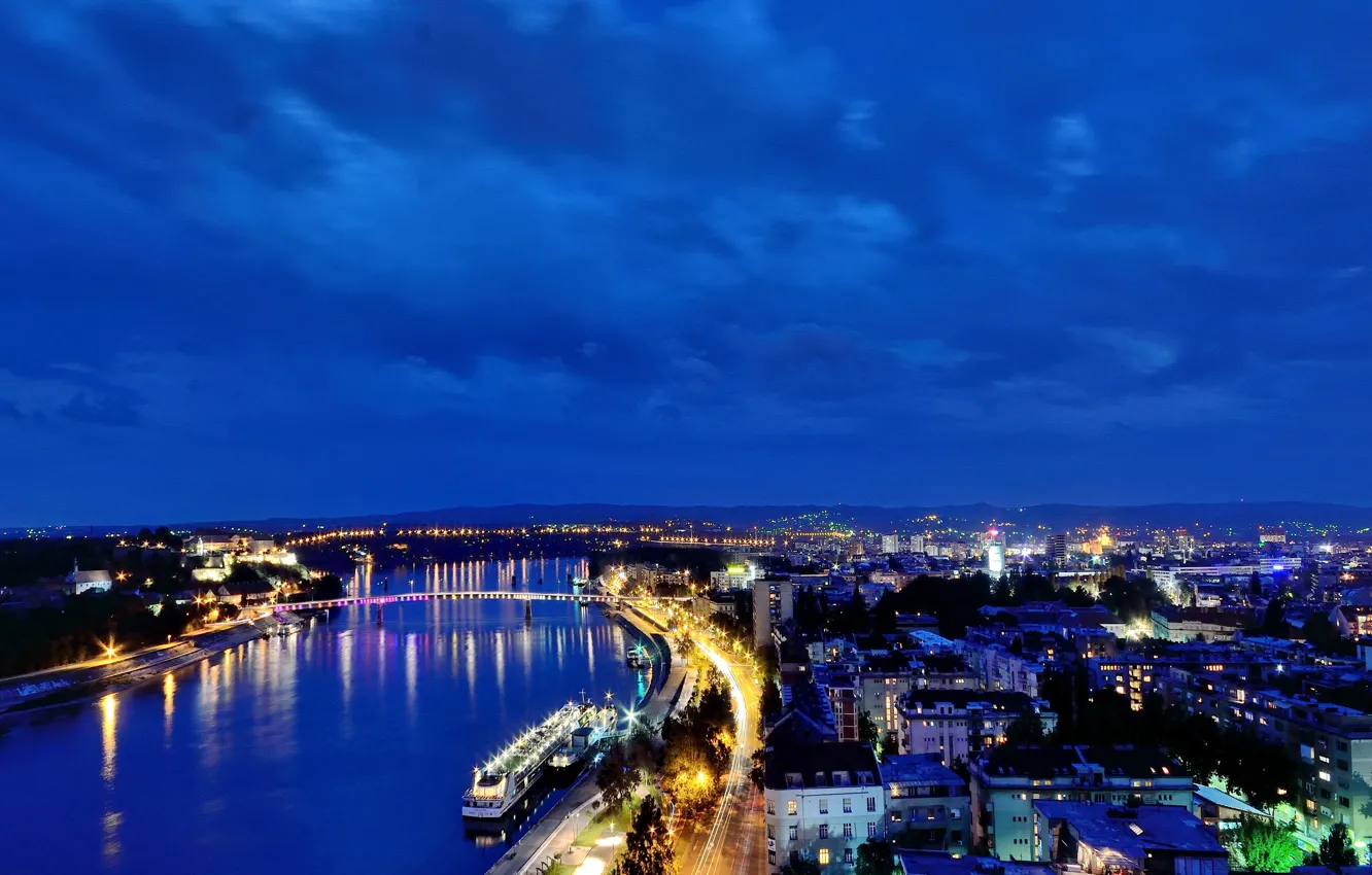 Фото обои дорога, ночь, мост, канал, Сербия, Novi Sad