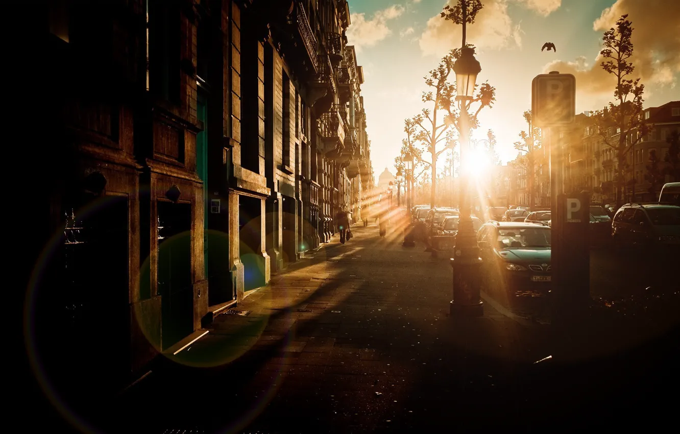 Фото обои машины, город, люди, улица, тротуар, свечение солнца