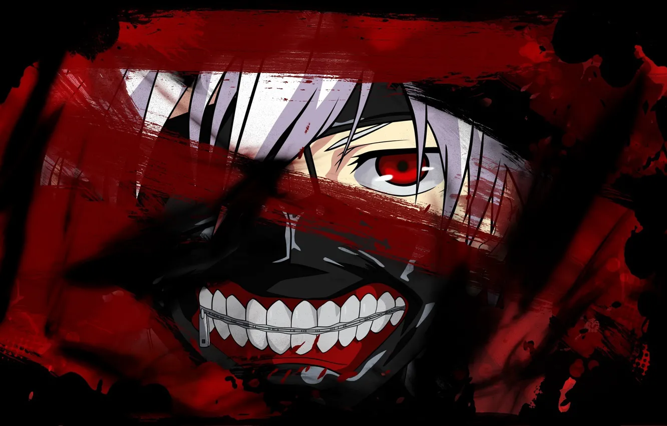 Фото обои кровь, маска, белые волосы, красный глаз, Tokyo Ghoul, Kaneki Ken, Токийский Гуль, Канеки кен