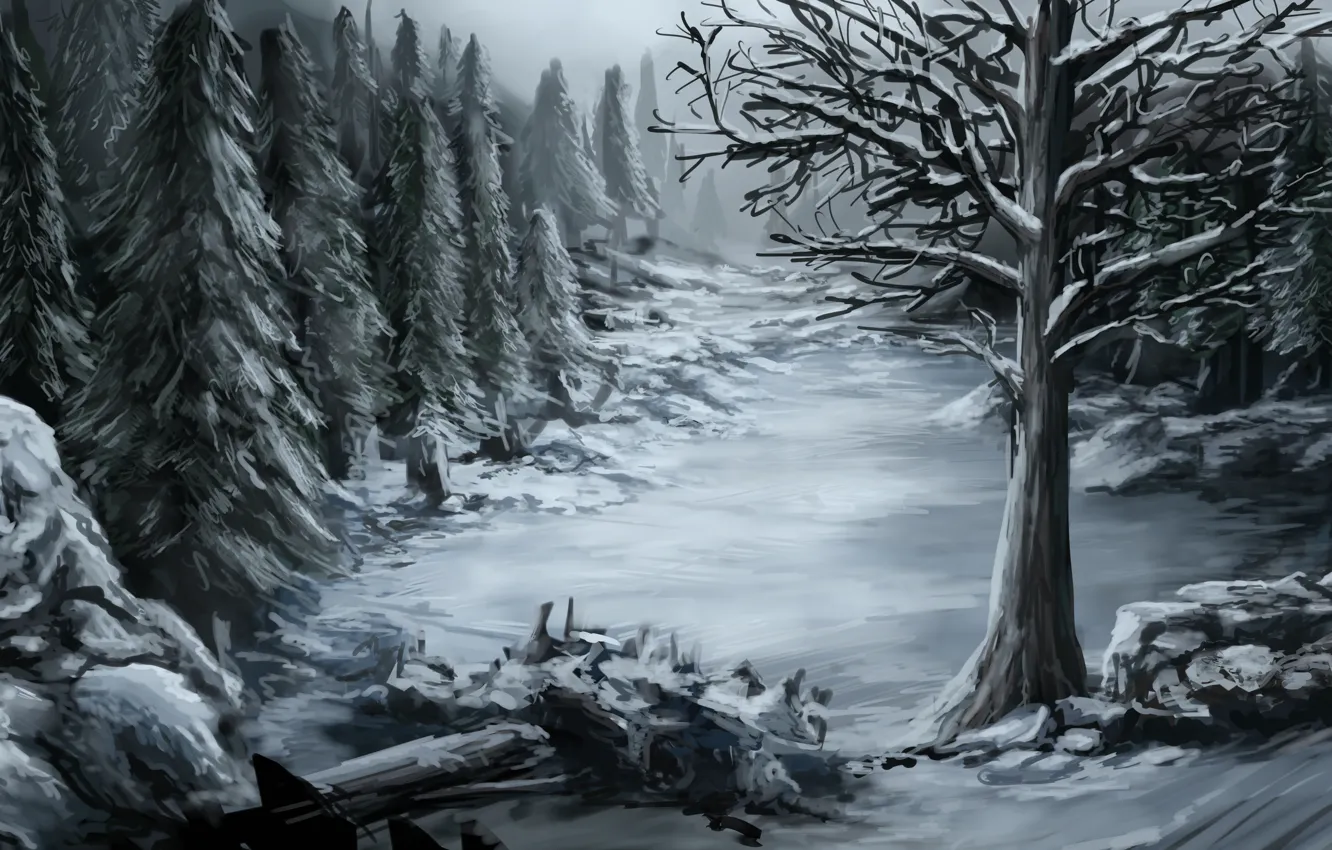 Фото обои холод, зима, лес, снег, природа, камни, дерево, арт