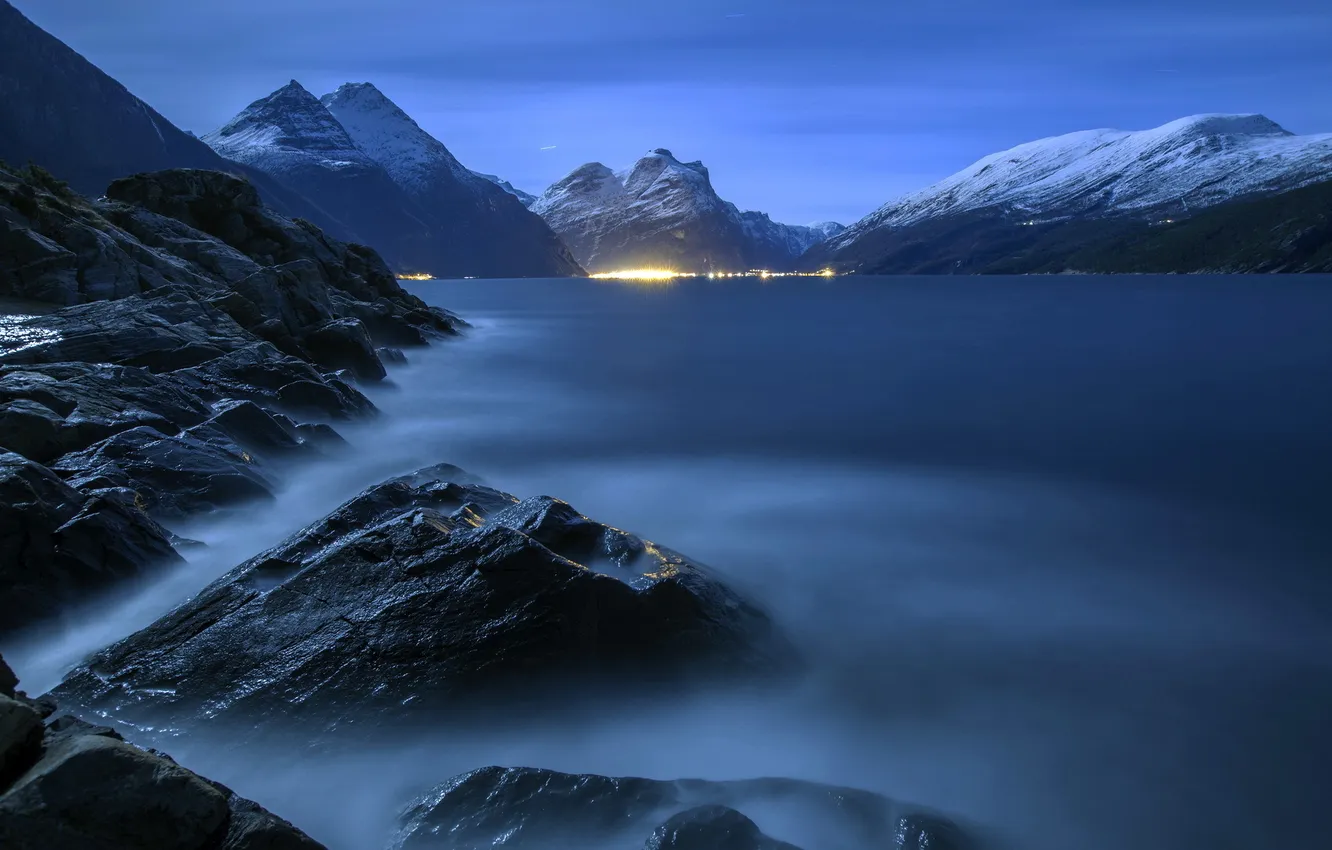 Фото обои горы, ночь, озеро