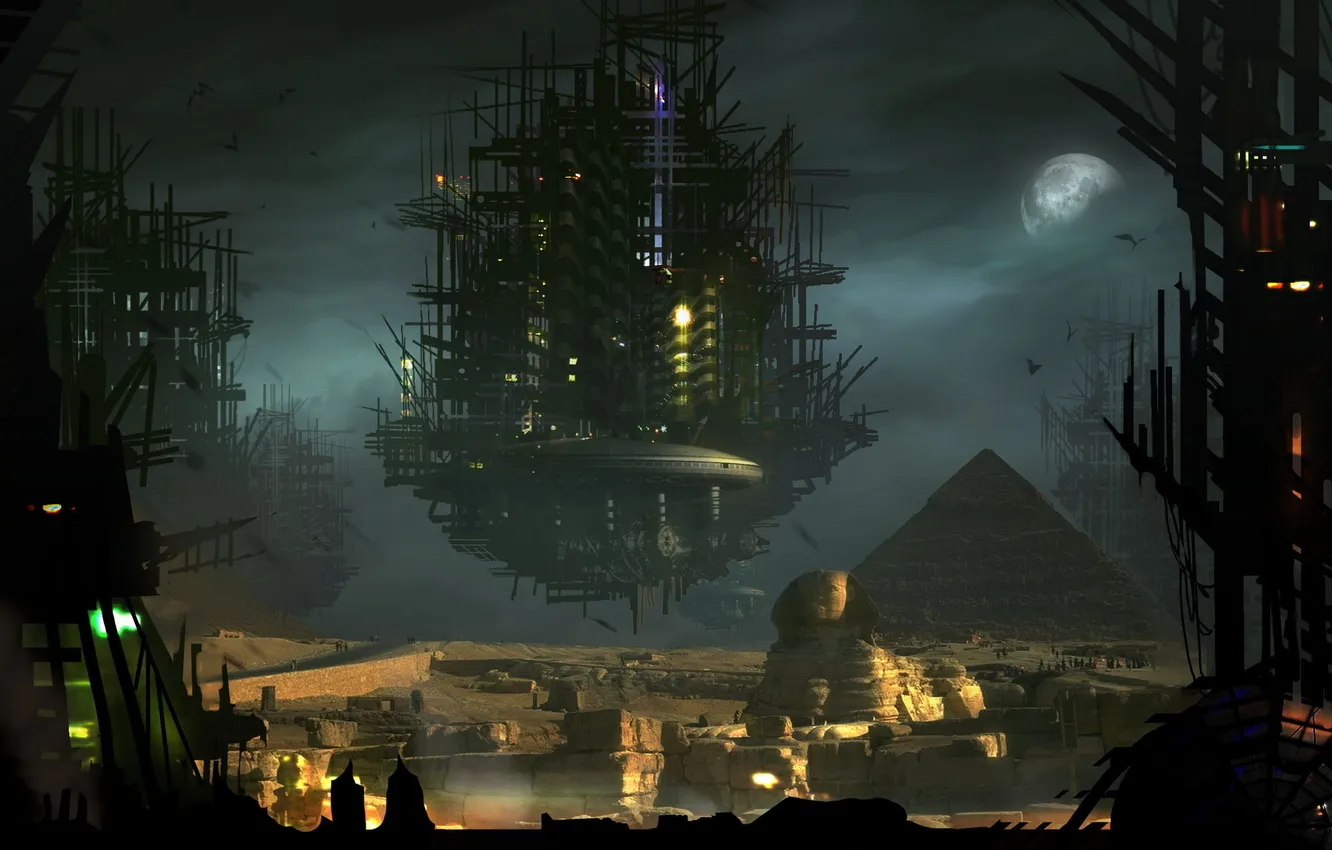 Фото обои город, будущее, луна, Пирамида, сфинкс
