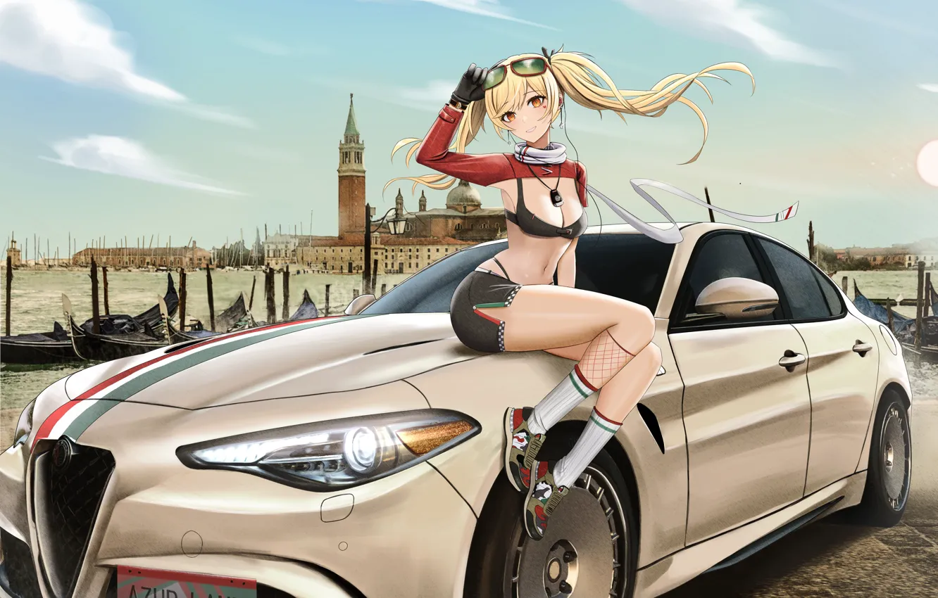 Фото обои car, Alfa Romeo, Italy, anime, twintails, blonde, glasses, necklace