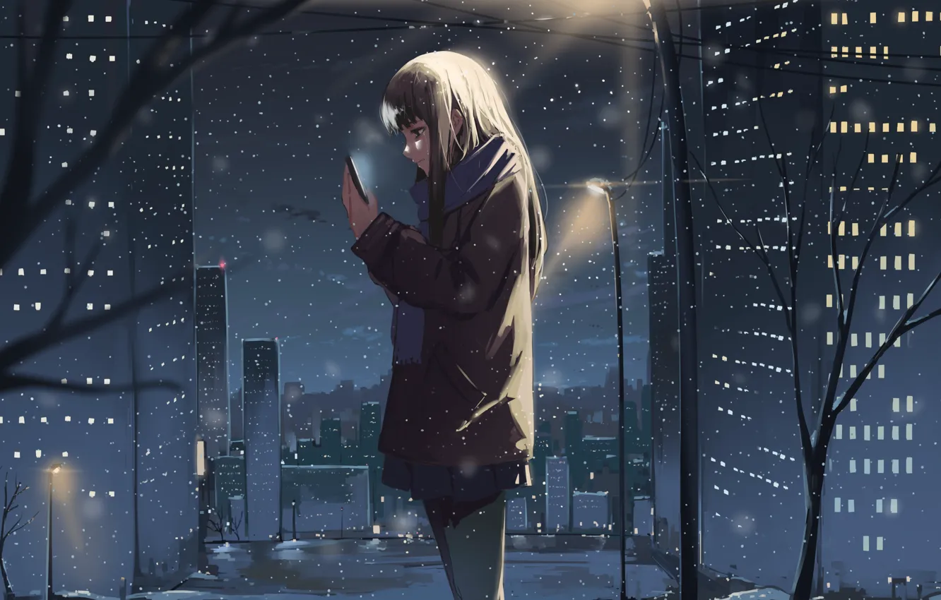 Фото обои зима, девушка, снег, город, смартфон