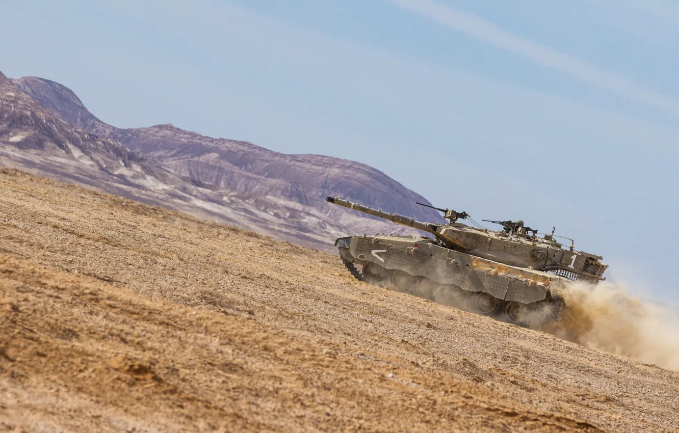 Фото обои поле, небо, природа, танк, боевой, основной, Merkava, Израиля