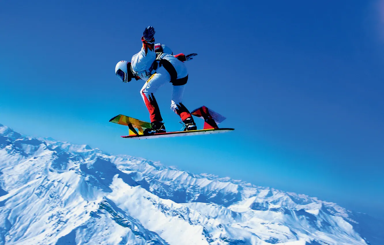 Фото обои зима, небо, снег, горы, парашют, контейнер, парашютисты, экстремальный спорт
