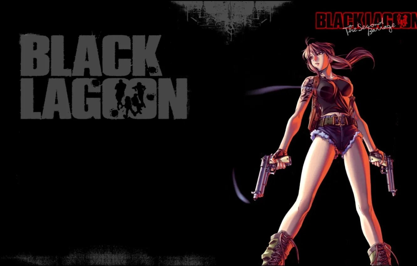 Фото обои пистолеты, тату, Black Lagoon, Revy, черный фон, пираты черной лагуны, кобура, крутая