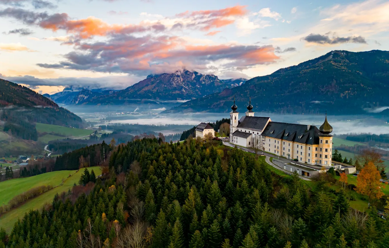 Фото обои лес, горы, высота, Альпы, церковь