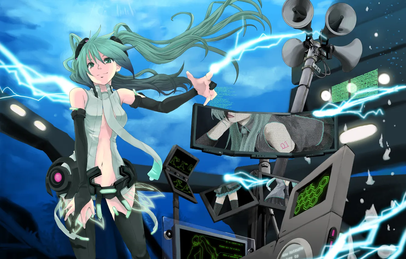Фото обои девушка, молния, разряд, vocaloid, hatsune miku, оборудование, мегафон