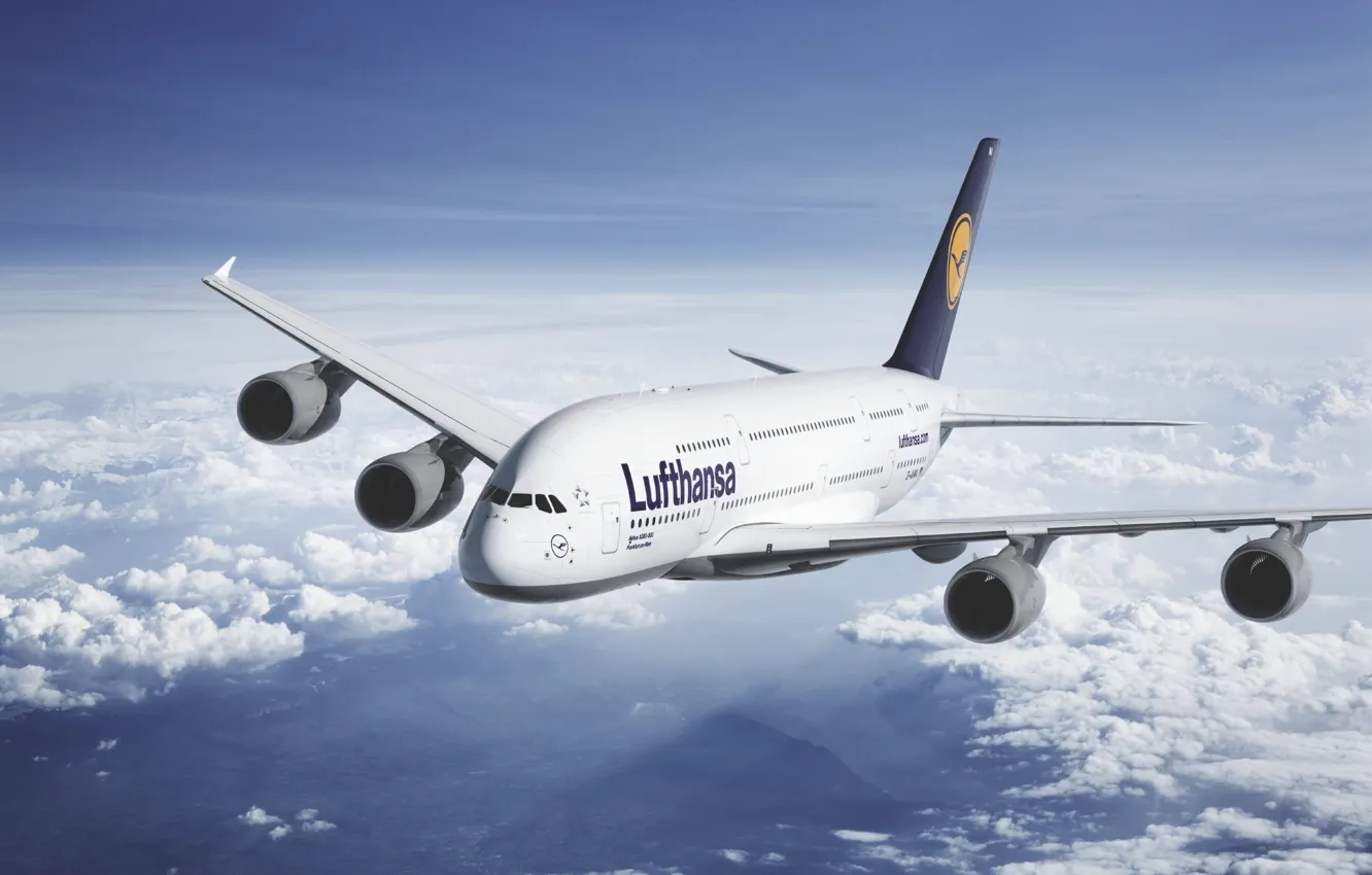 Фото обои Небо, Облака, Самолет, Лайнер, Высота, A380, Lufthansa, Пассажирский