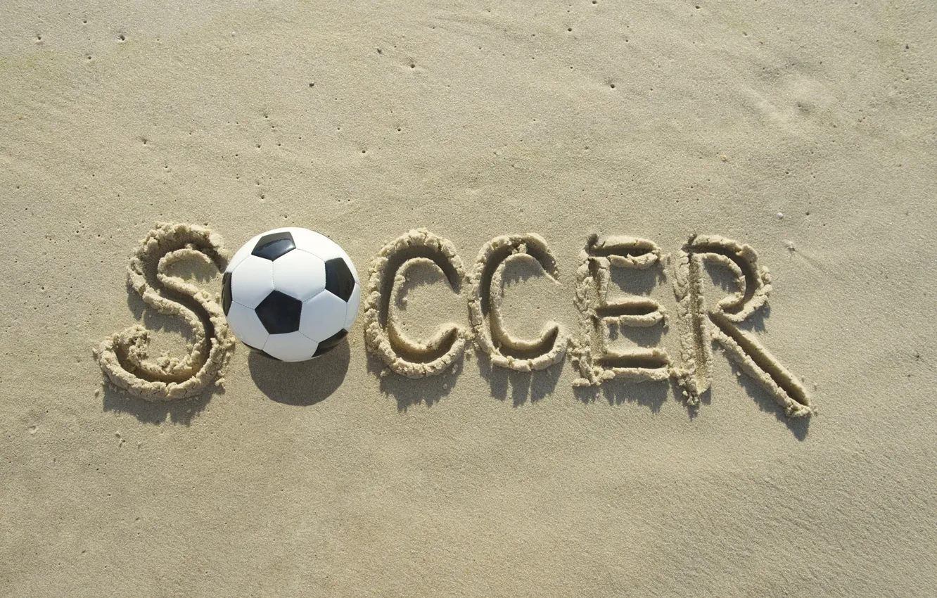 Фото обои песок, пляж, солнце, надпись, футбол, мяч, Soccer