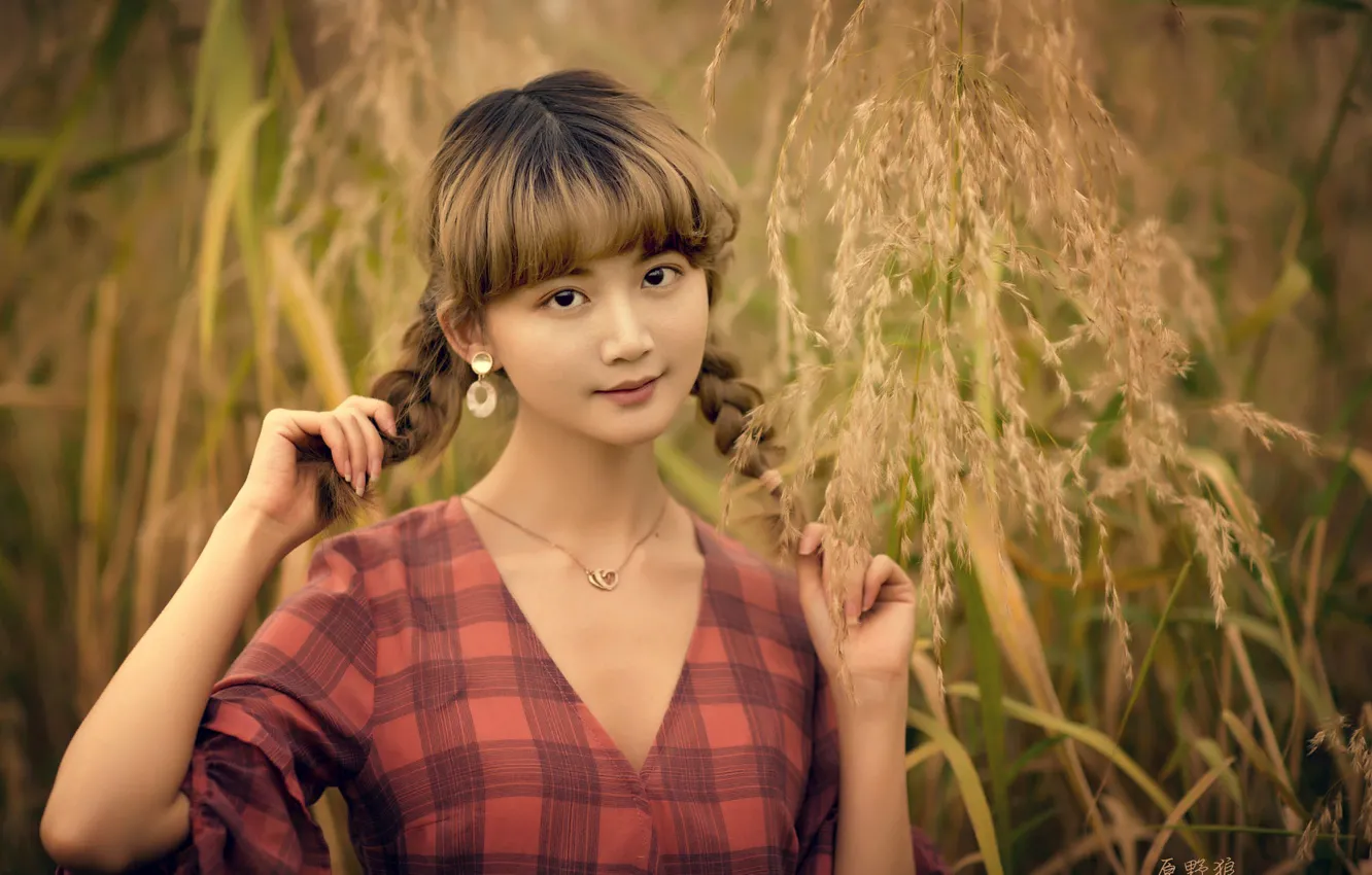 Фото обои трава, взгляд, девушка, украшения, природа, серьги, платье, кулон