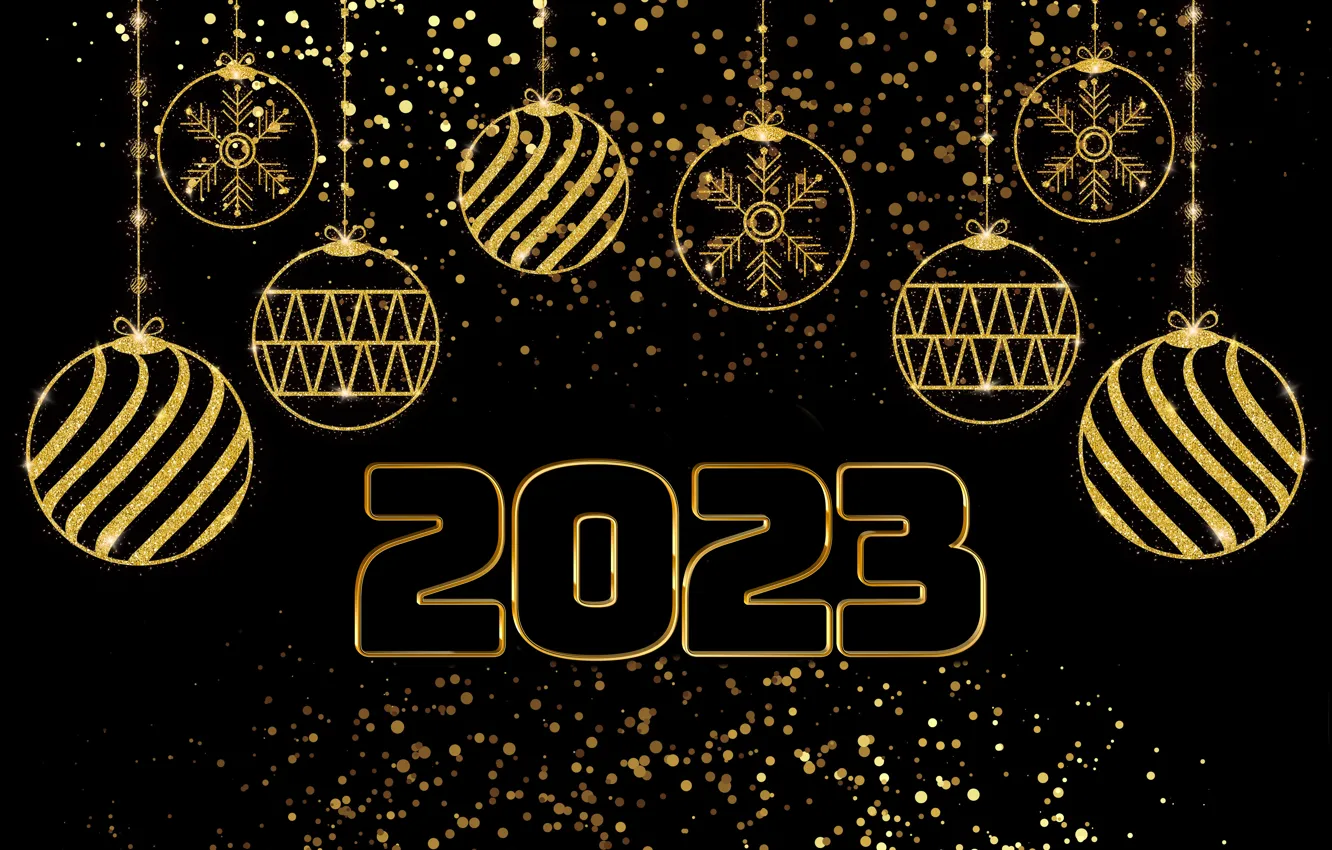 Фото обои золото, шары, Новый Год, цифры, golden, happy, balls, New Year