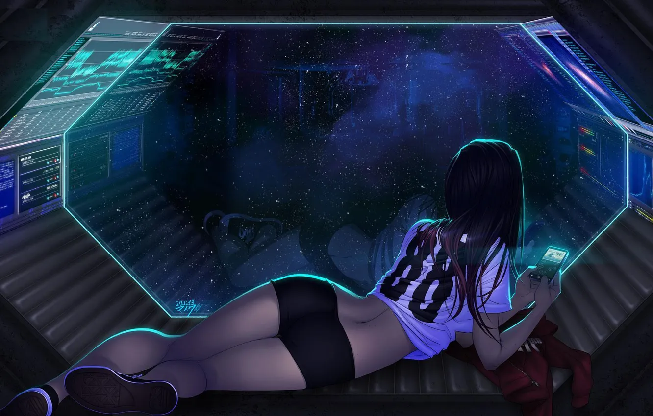Фото обои девушка, космос, отражение, фантастика, спина, вид, корабль, арт