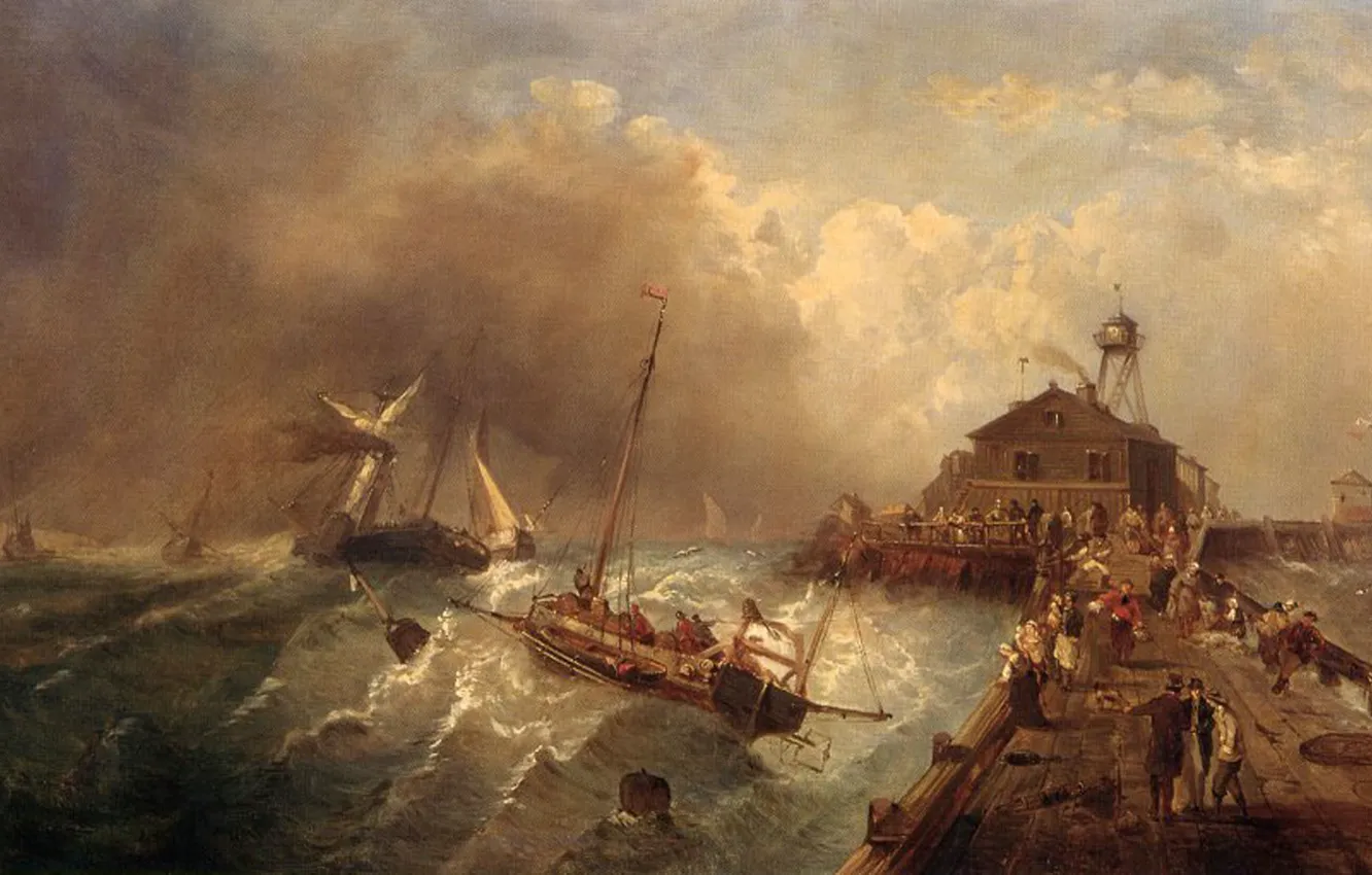 Фото обои море, волны, небо, тучи, шторм, пристань, картина, Charles Euphrasie