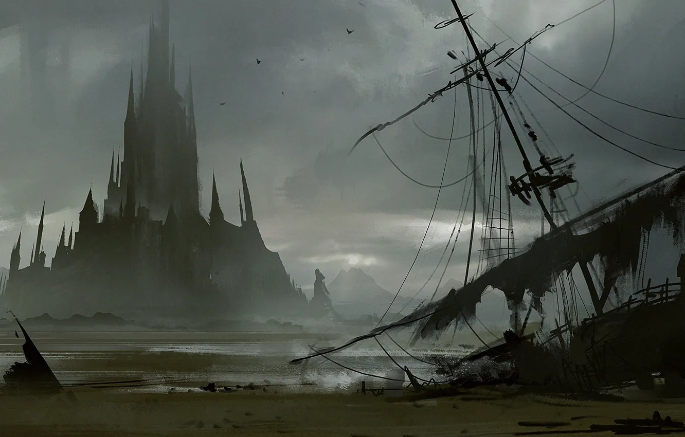 Фото обои замок, корабль, остров
