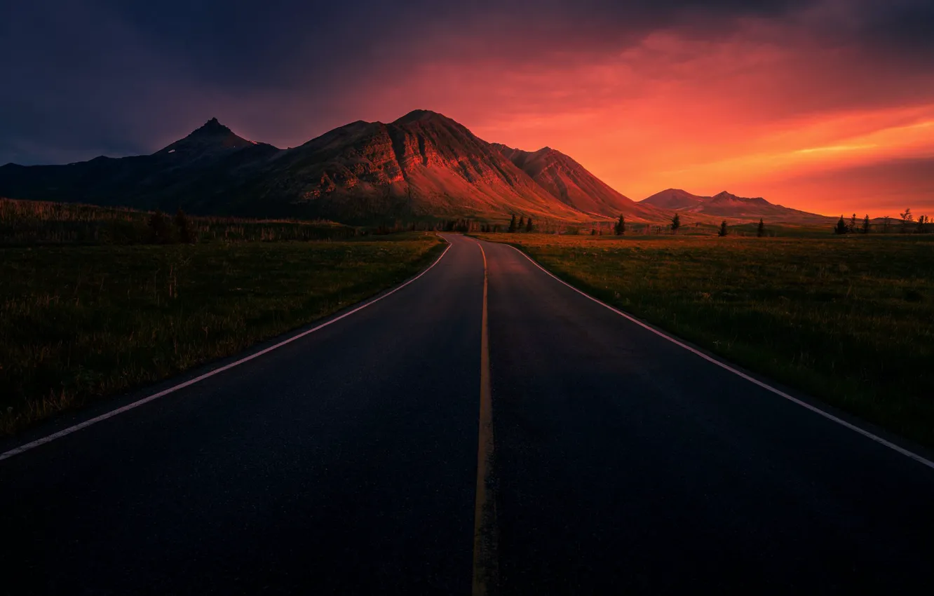 Фото обои grass, road, sky, trees, landscape, nature, sunset, mountains