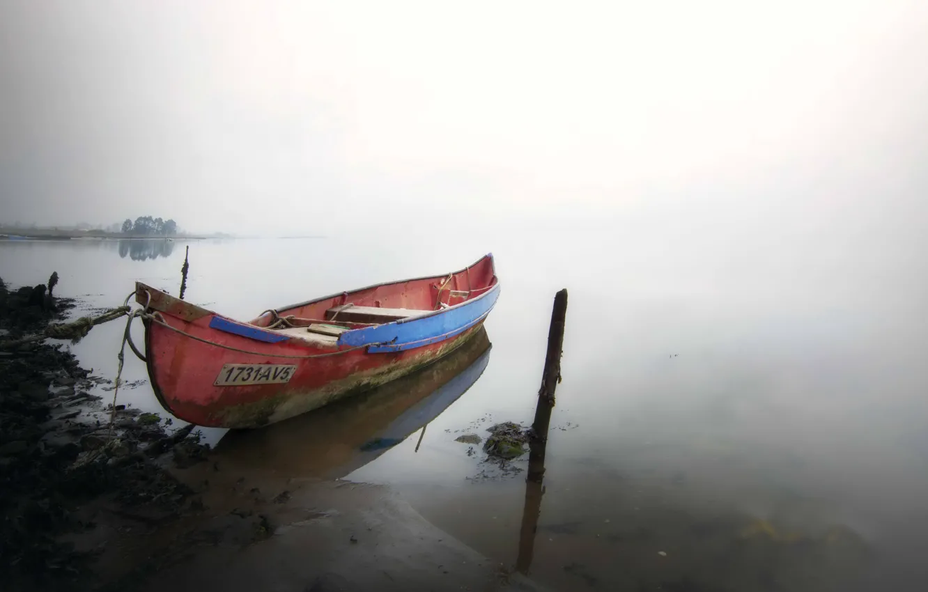 Фото обои туман, берег, лодка