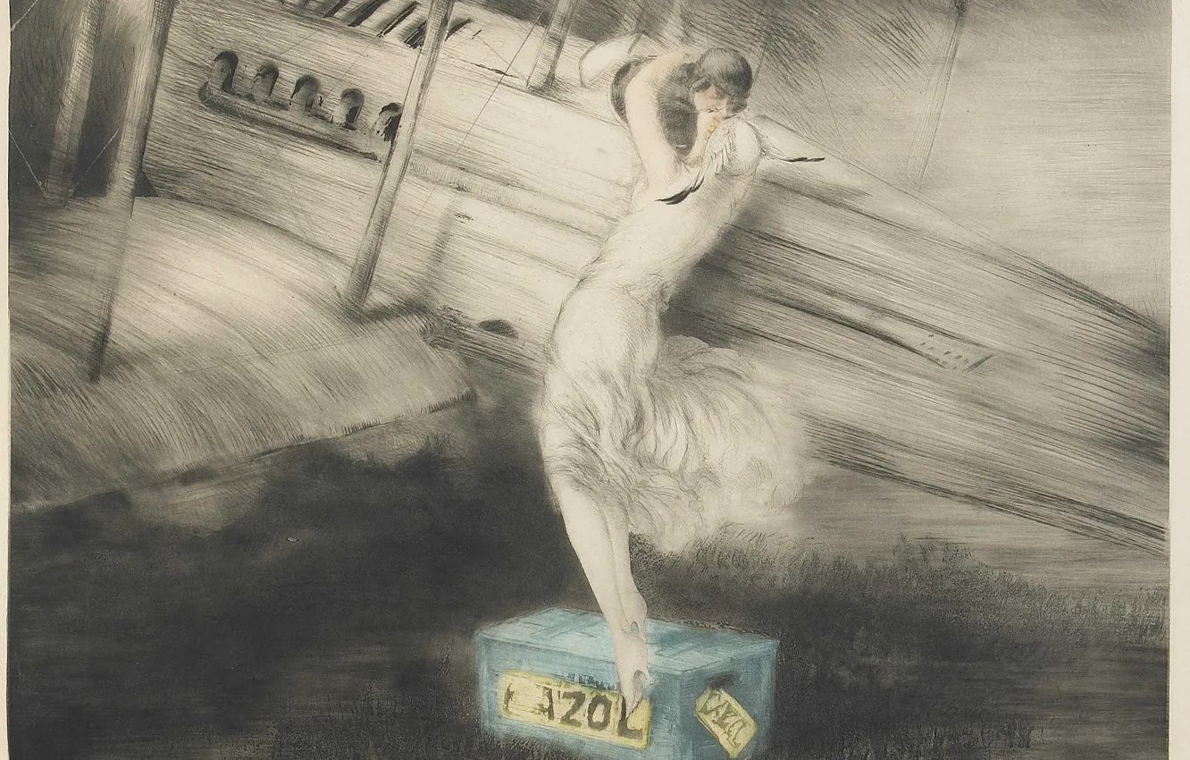 Фото обои биплан, 1925, Louis Icart, арт-деко, офорт и акватинта, Перед полетом