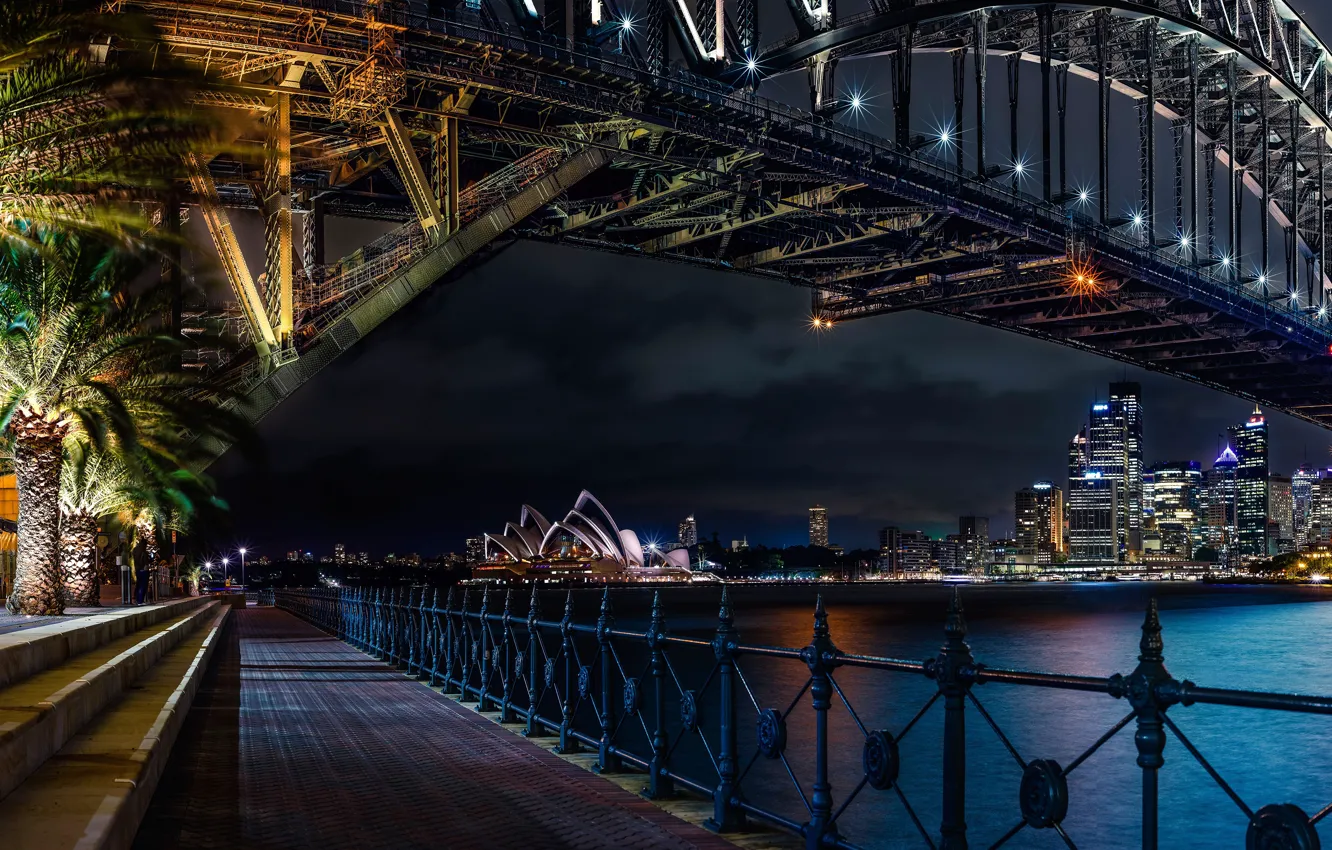 Фото обои ночь, мост, огни, Австралия, театр, Сидней, Опера