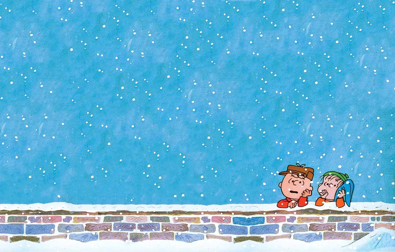 Фото обои снег, стена, рождество, кирпичи, Christmas, мальчики, Чарли Браун, Charlie Brown