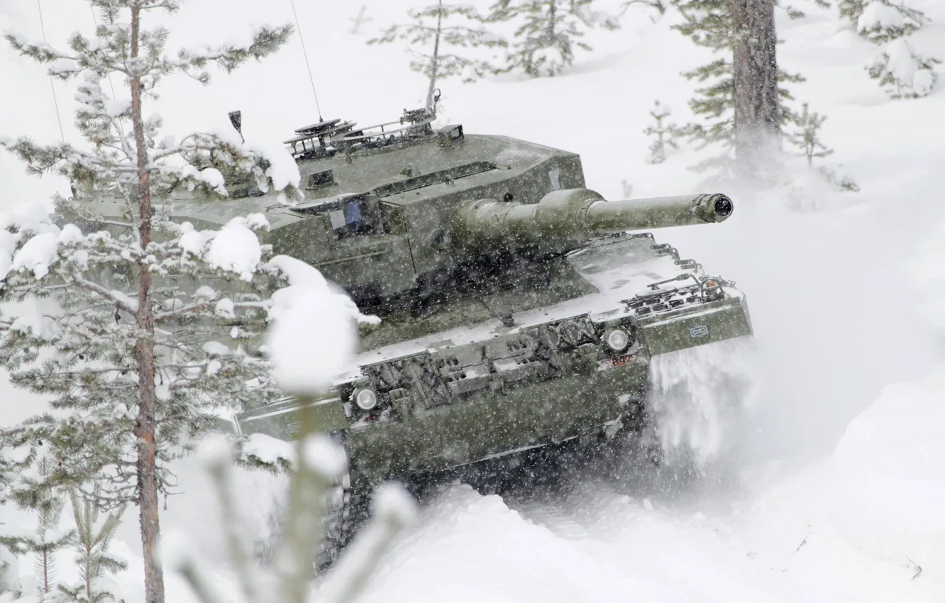 Фото обои зима, снег, Леопард, танк, дереья