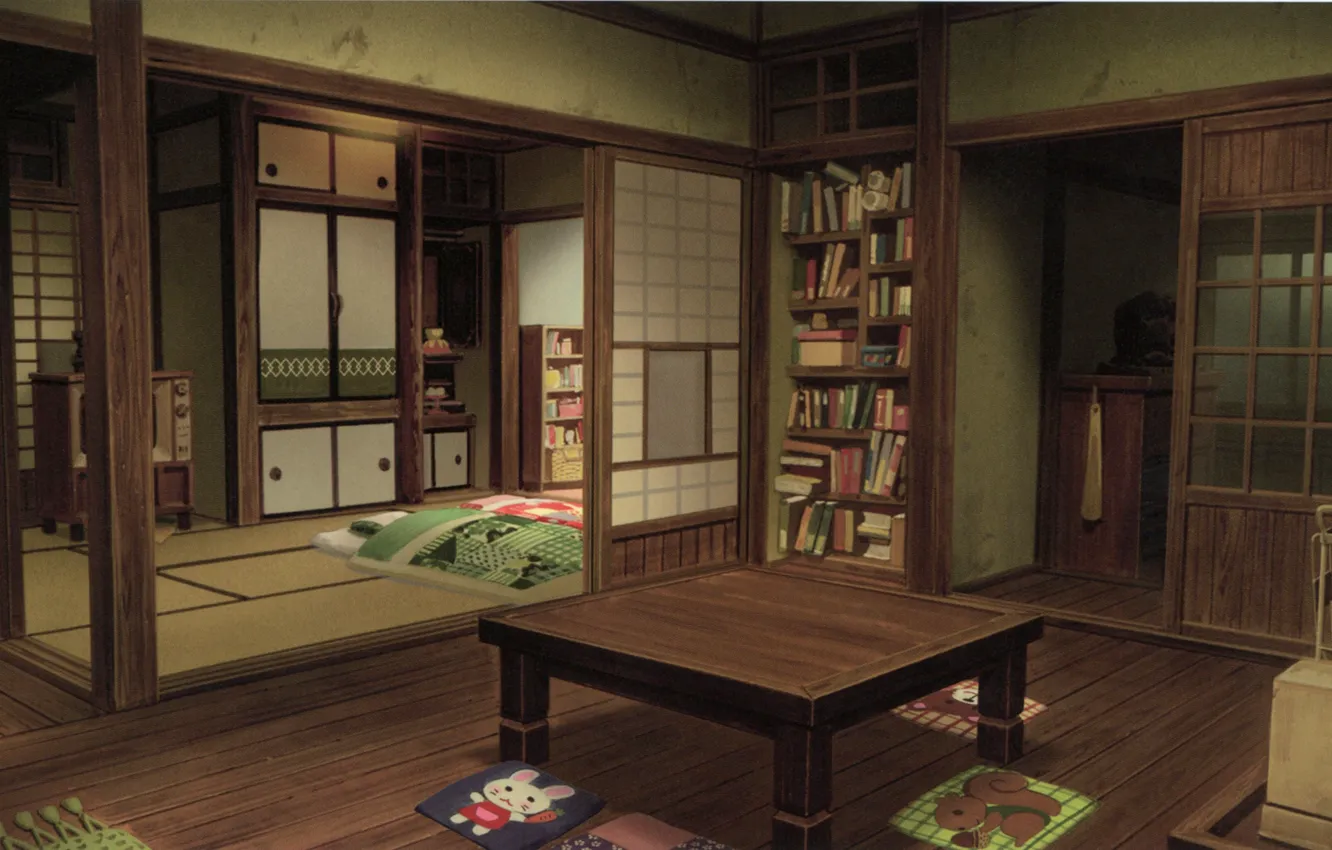 Фото обои стол, книги, Япония, постель, спальня, гостиная, шкафы, татами