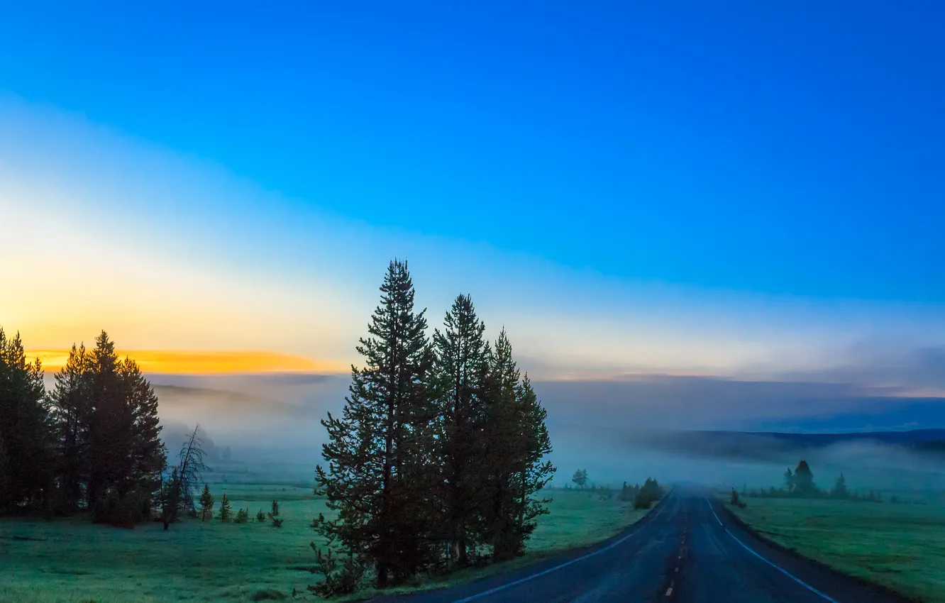 Фото обои дорога, небо, деревья, горы, туман