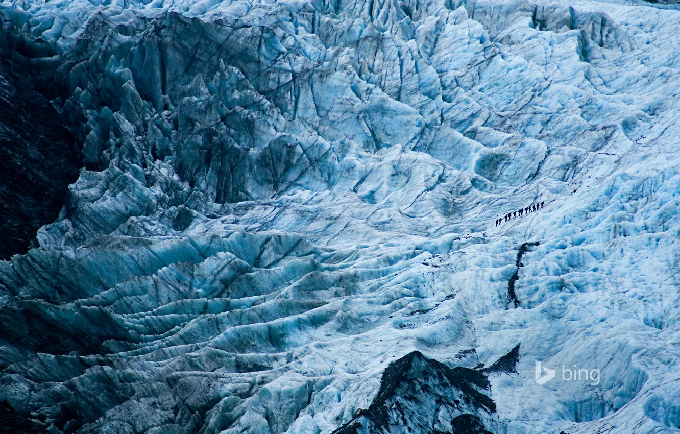 Фото обои лед, пейзаж, склон, Новая Зеландия, путешественники, альпинисты, ледник Франца-Иосифа