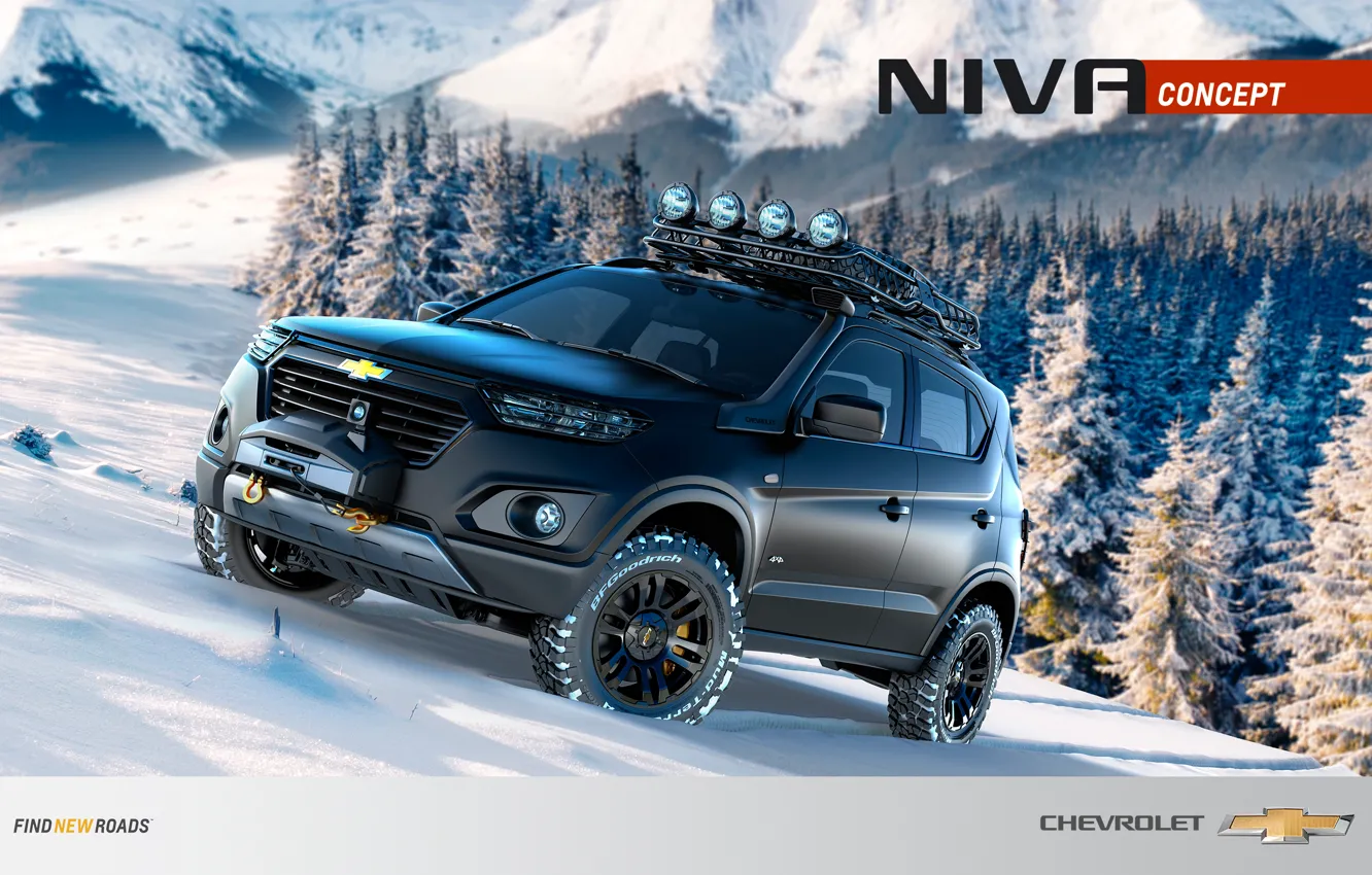 Фото обои лес, снег, горы, Wallpaper, Chevrolet Niva Concept, Niva Concept