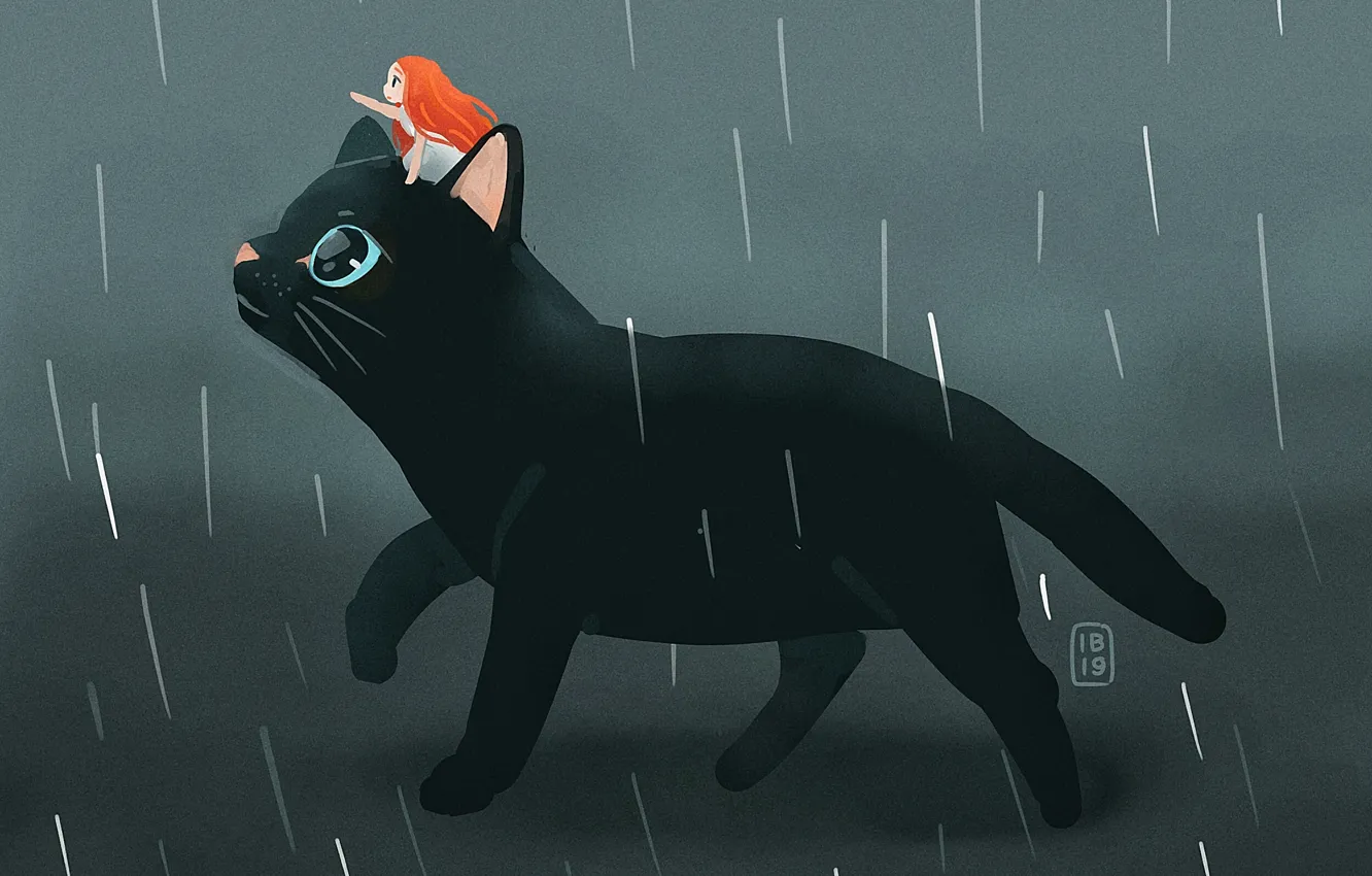 Фото обои дождь, фэнтези, девочка, черная кошка