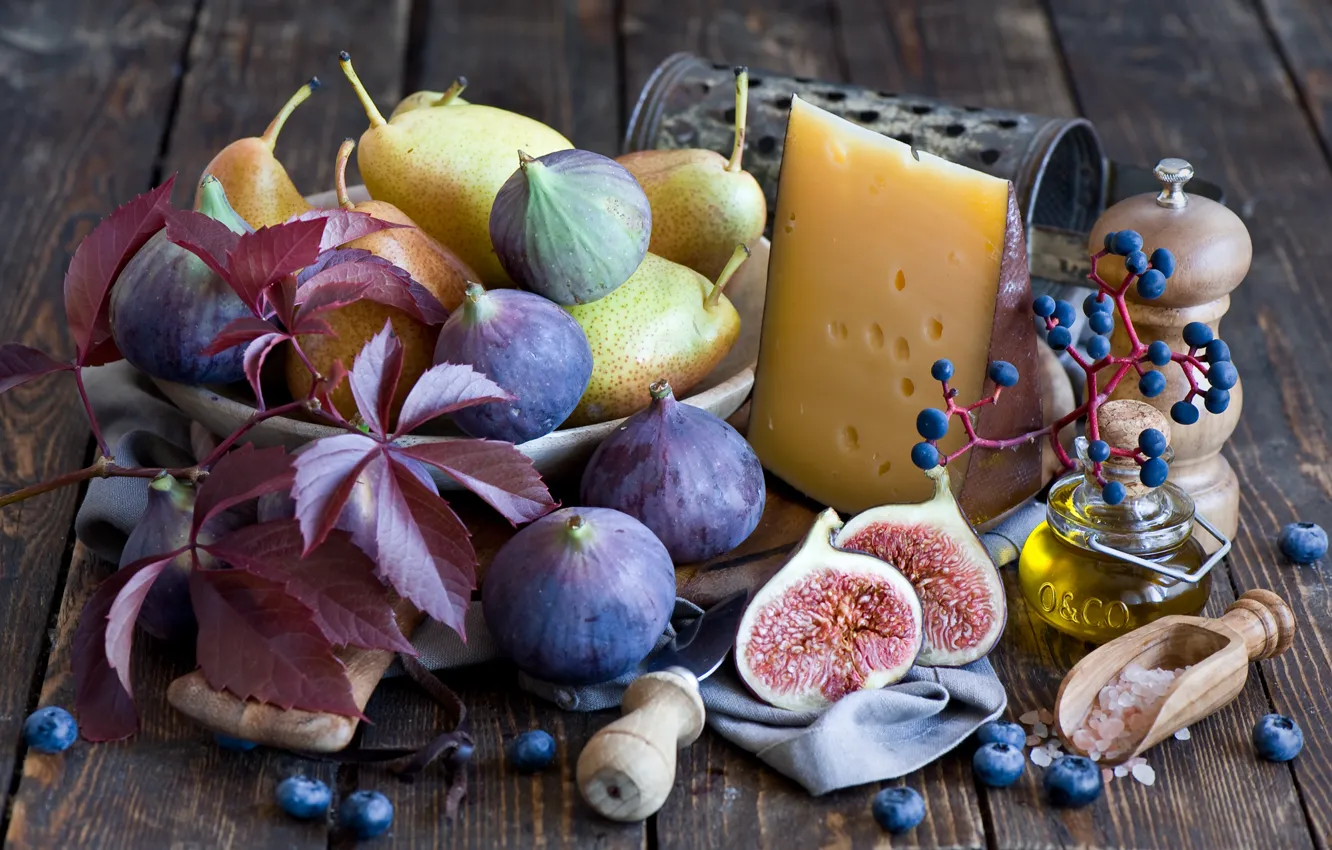 Фото обои листья, ягоды, сыр, виноград, натюрморт, груши, голубика, инжир