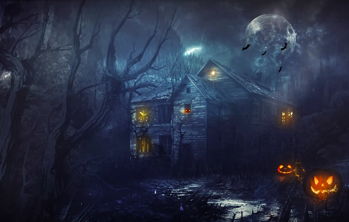 Фото обои лес, деревья, дом, луна, тыквы, хэллоуин, halloween, летучие мыши