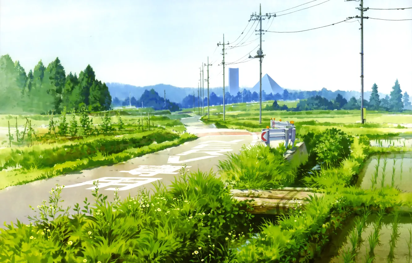 Фото обои дорога, небо, трава, ручей, столбы, провода, Япония, пирамида