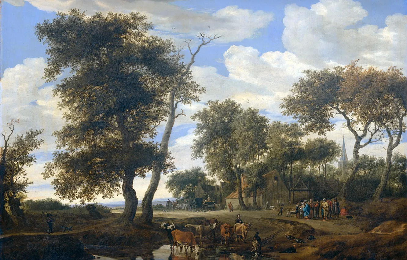 Фото обои пейзаж, масло, картина, холст, Окраина Деревни, Соломон ван Рёйсдал